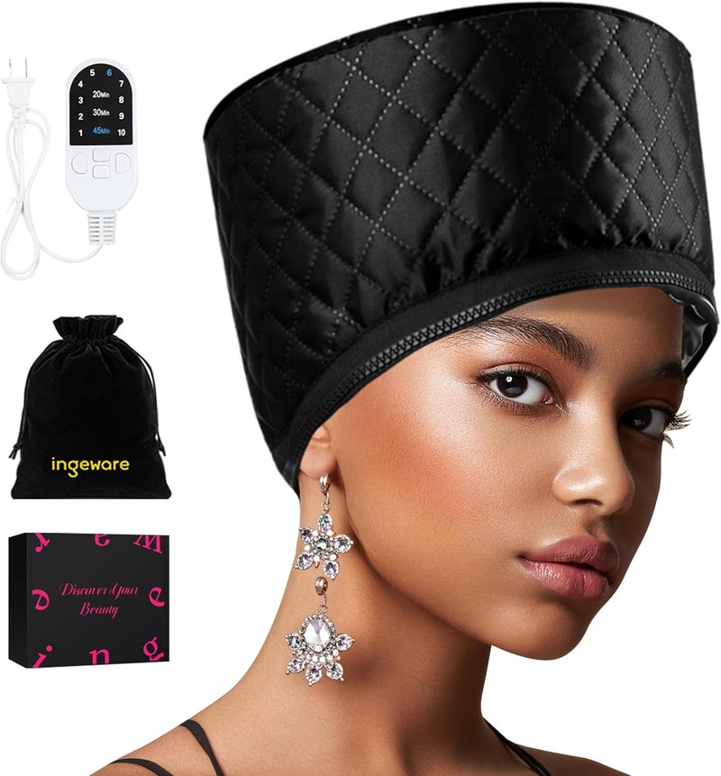 ingeware Heat Cap for Deep Conditioning, Thermal Cap for Hair Steamer Cap for Natural Hair Portable Electric Heat Hair Spa Cap for Home Use Pattern (Solid Black) - Image 1